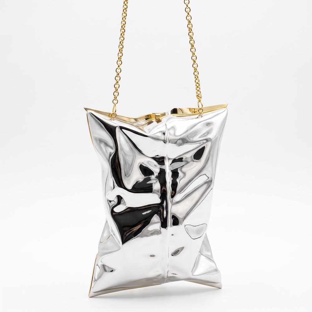 Anya Hindmarch Silver Metal Crisp Packet Clutch Crossbody Bag Metallic 2014